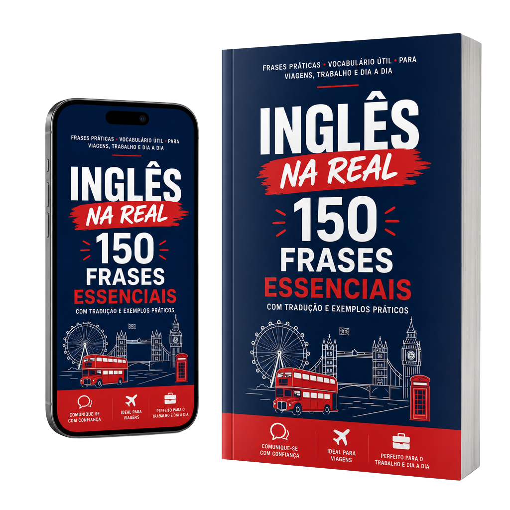Mockup do guia digital Inglês na Real – 150 Frases Essenciais no celular e em capa impressa